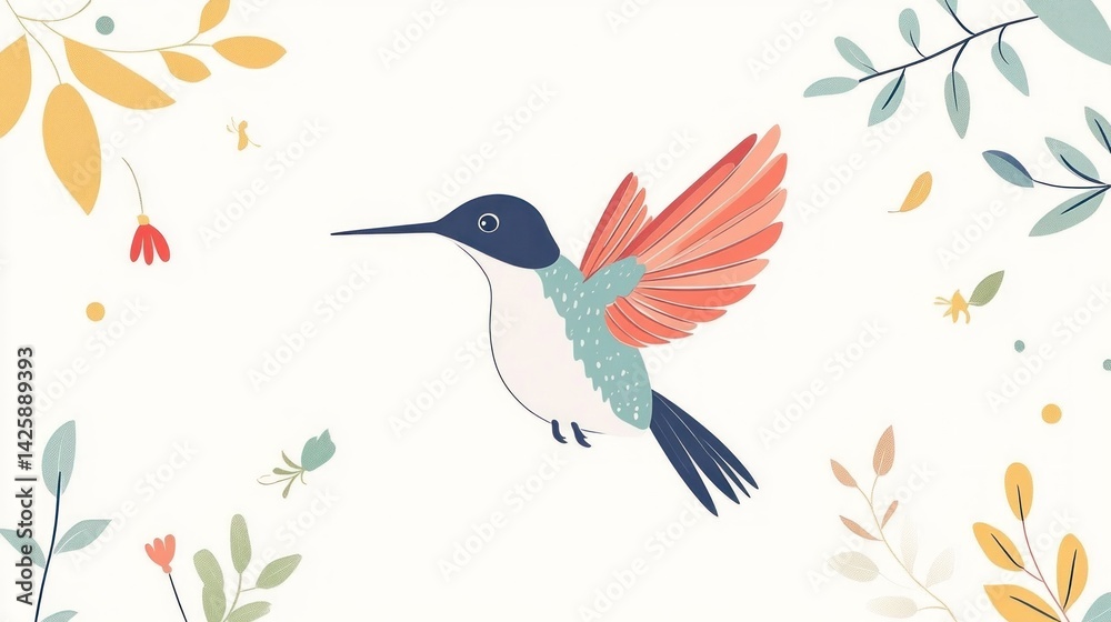 Naklejka premium Flying hummingbird amidst floral backdrop