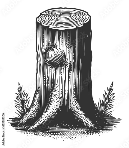 Hand-Drawn Illustration of a Tree Stump with Roots and Texture