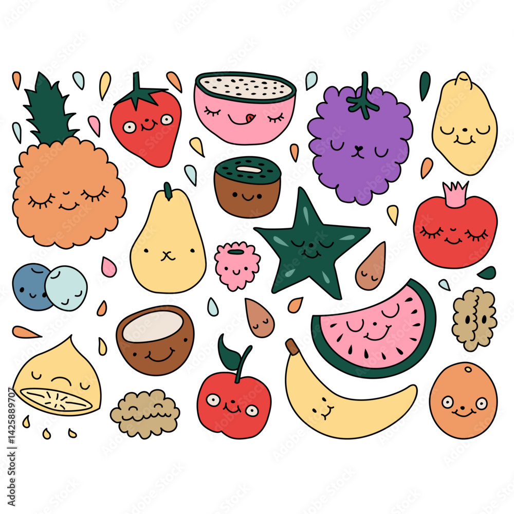 Whimsical Fruits with Faces Illustration