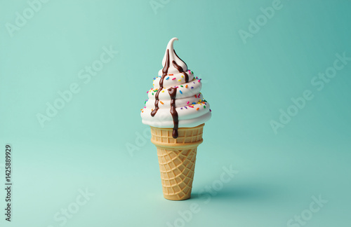 Soft serve ice cream cone with sprinkles, chocolate drizzle, teal background.
