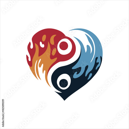 Heart shape, fire and water elements, swirling design, vibrant colors, red and blue contrast, yin and yang concept 