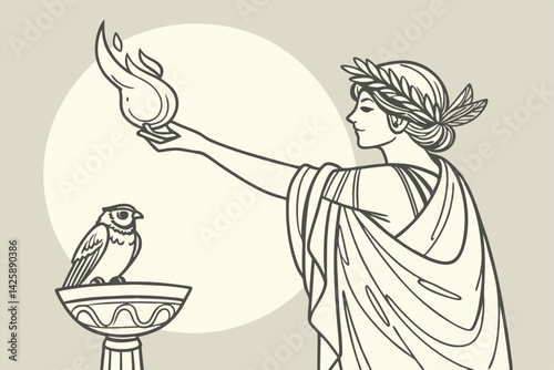 Greek Goddess Holding Fire Torch with Bird Perched on Pedestal, Line Art