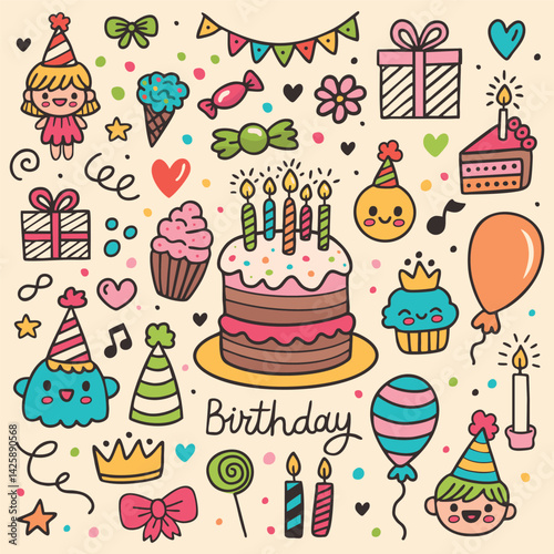 Happy Birthday stickers in cartoon retro 90s style.Groovy shapes. Celebration congratulations patches with cakes, sweets and animals. Vector bright template for party, event.