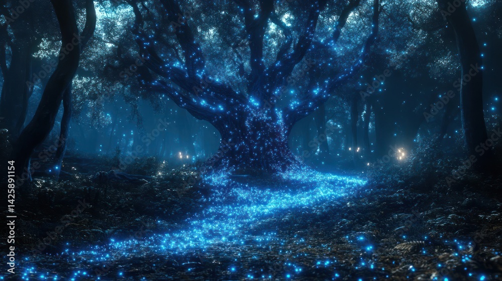 Enchanting luminous forest at night.  Mystical glow illuminates ancient tree