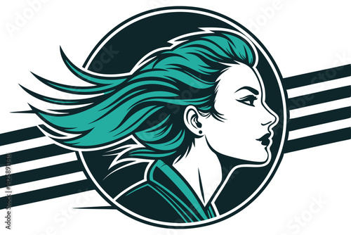 Turquoise Haired Woman's Silhouette in a Retro Style Logo Graphic Design.