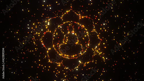 Radiant Buddhist Padma lotus symbol shines with golden particle lights, symbolizing purity, spiritual awakening, and enlightenment in Buddhism.