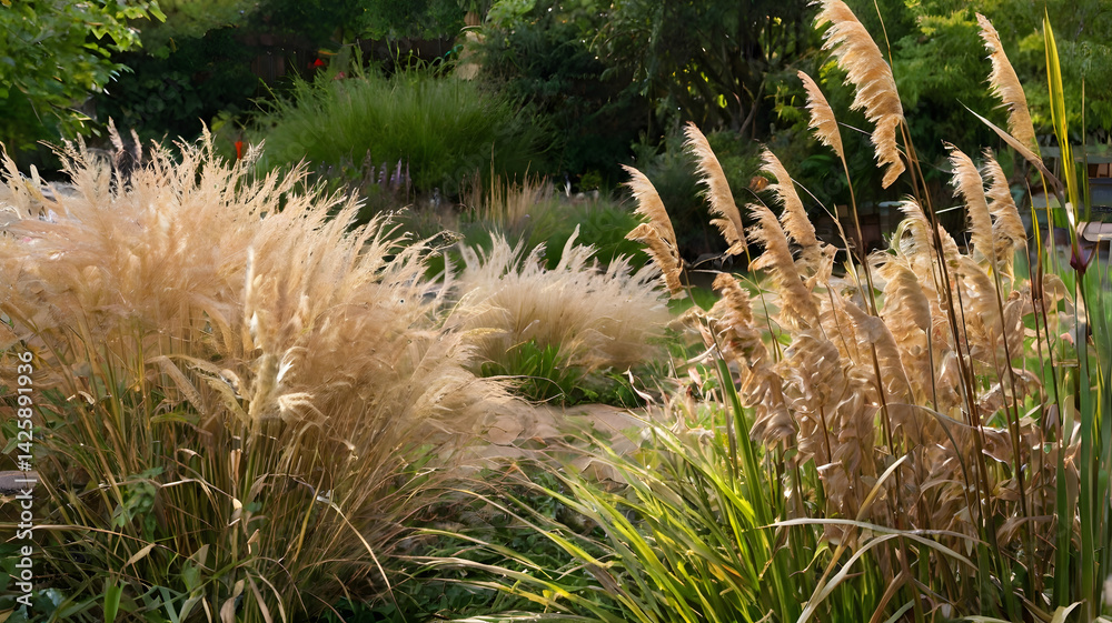 Beige ornamental grasses in garden
