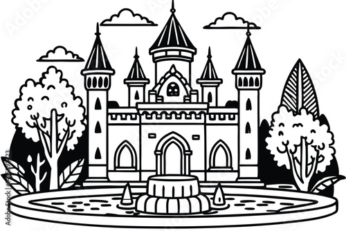 Cartoon Fairy Tale Castle With Fountain Black and White Illustration Vector.