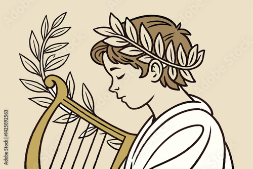 Apollo playing lyre wearing laurel wreath in ancient Greece illustration vector design.