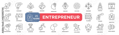 Entrepreneur icon collection set. Containing founder,visionary,Leader,Business,Innovator,Creator,initiator,Manager,Startup,Owner icon. Simple line vector.	