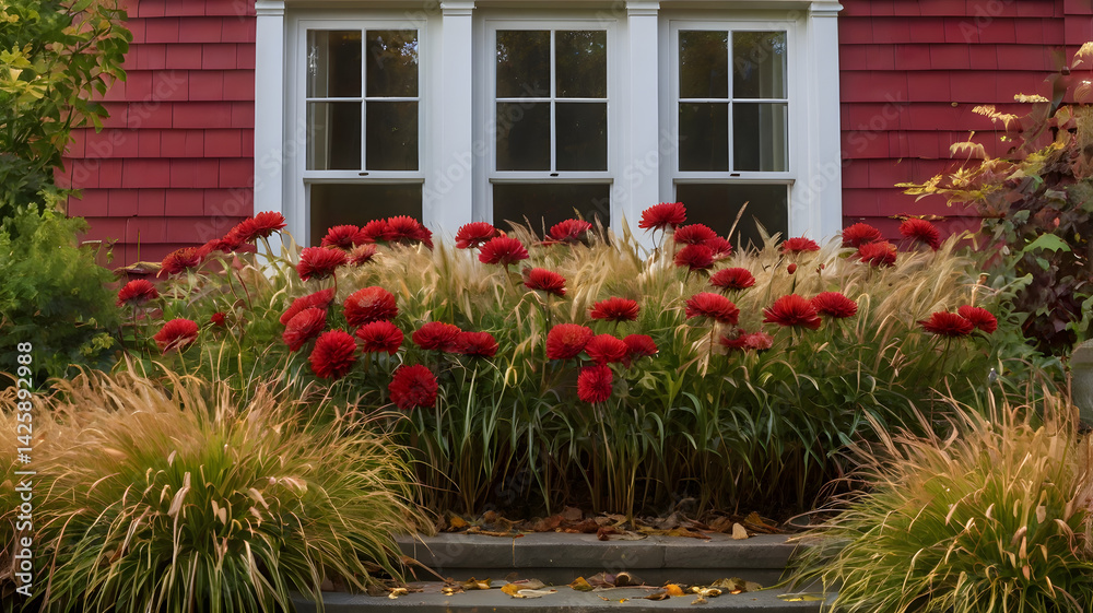 A decorative window box displays lush red chrysanthemums alongside tall ornamental grasses, creating a vibrant autumn scene near a charming home