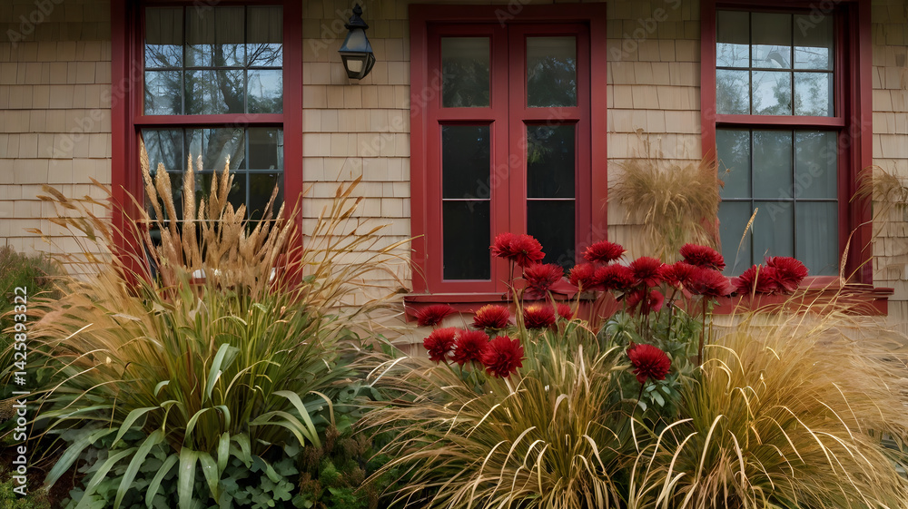 A decorative window box displays lush red chrysanthemums alongside tall ornamental grasses, creating a vibrant autumn scene near a charming home
