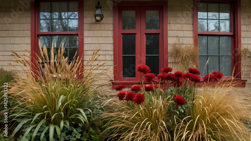 Obraz na płótnie A decorative window box displays lush red chrysanthemums alongside tall ornamental grasses, creating a vibrant autumn scene near a charming home w salonie