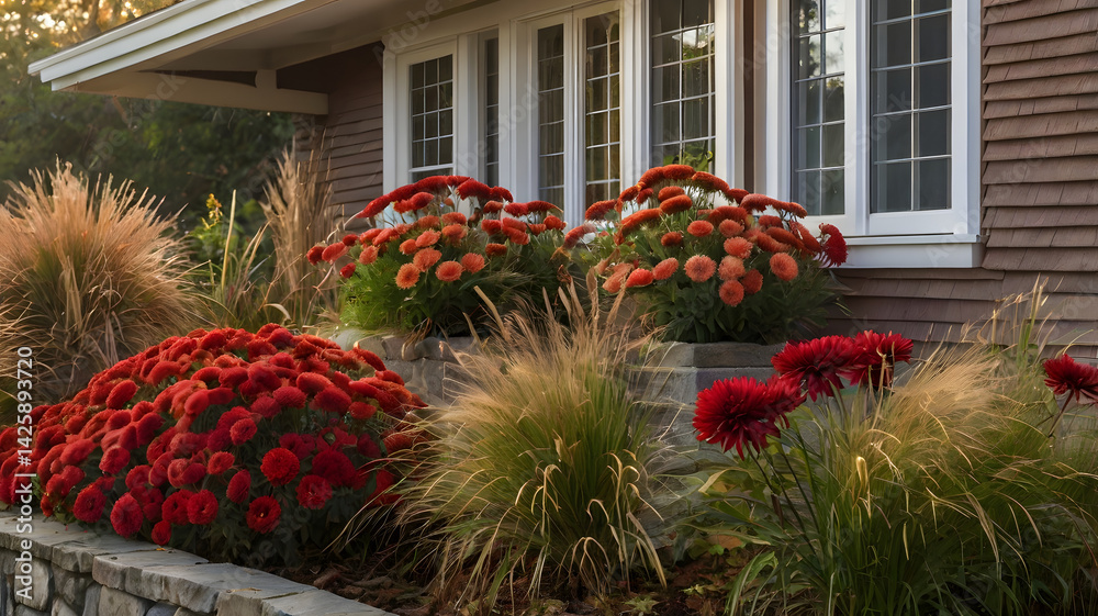 A decorative window box displays lush red chrysanthemums alongside tall ornamental grasses, creating a vibrant autumn scene near a charming home