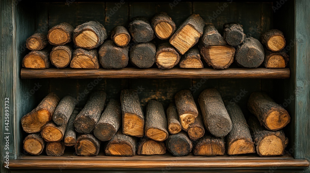 Stacked firewood on wooden shelves (2) Stacked firewood on wooden shelves (2)