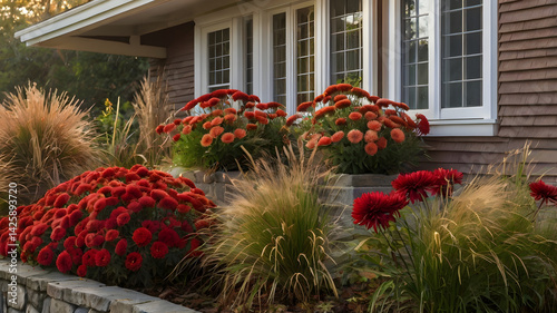 A decorative window box displays lush red chrysanthemums alongside tall ornamental grasses, creating a vibrant autumn scene near a charming home