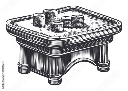 Hand-Drawn Illustration of a Vintage Wooden Table with Cylindrical Objects
