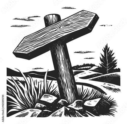 Hand-Drawn Illustration of Wooden Signpost in Natural Landscape