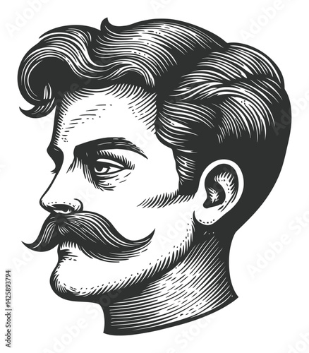 Hand Drawn Illustration of a Vintage Man with Mustache Profile View