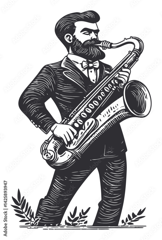 Naklejka premium Vintage Hand Drawn Illustration of a Man Playing Saxophone