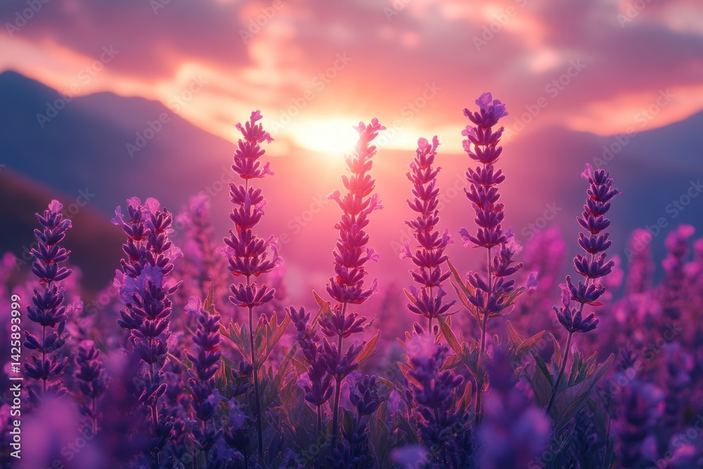 Naklejka premium Lavender field at sunset (1)