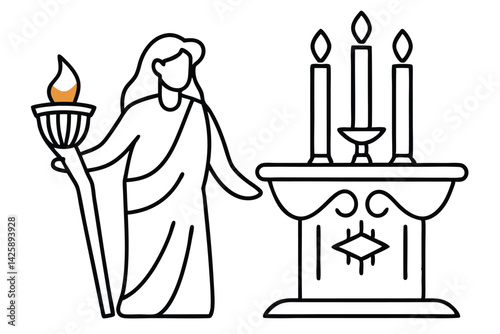 Line art illustration of a vestal virgin with burning torch near altar.