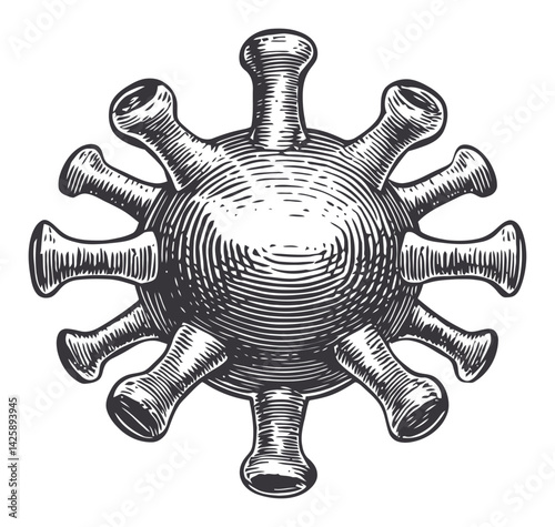 Detailed Hand-Drawn Illustration of a Virus with Spikes and Texture