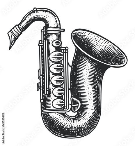 Vintage Hand-Drawn Illustration of a Saxophone in Black and White