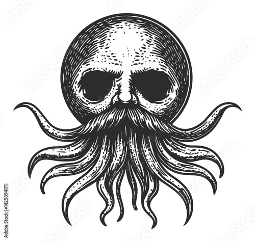 Hand Drawn Vintage Illustration of Skull with Tentacles Design