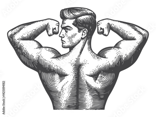 Vintage Hand Drawn Illustration of a Muscular Man Flexing Arms