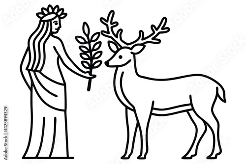 Linear style illustration of Greek goddess Diana with deer on white background.
