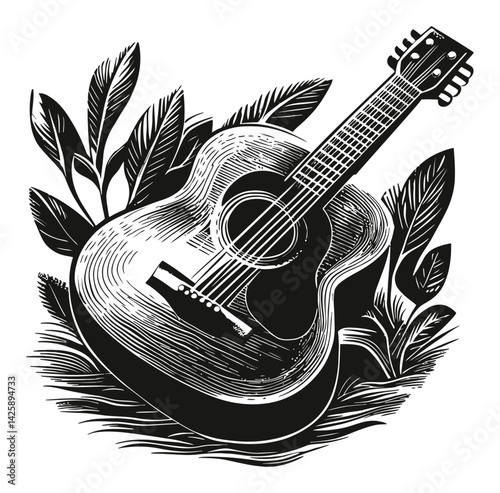 Hand Drawn Illustration of Acoustic Guitar Surrounded by Leaves