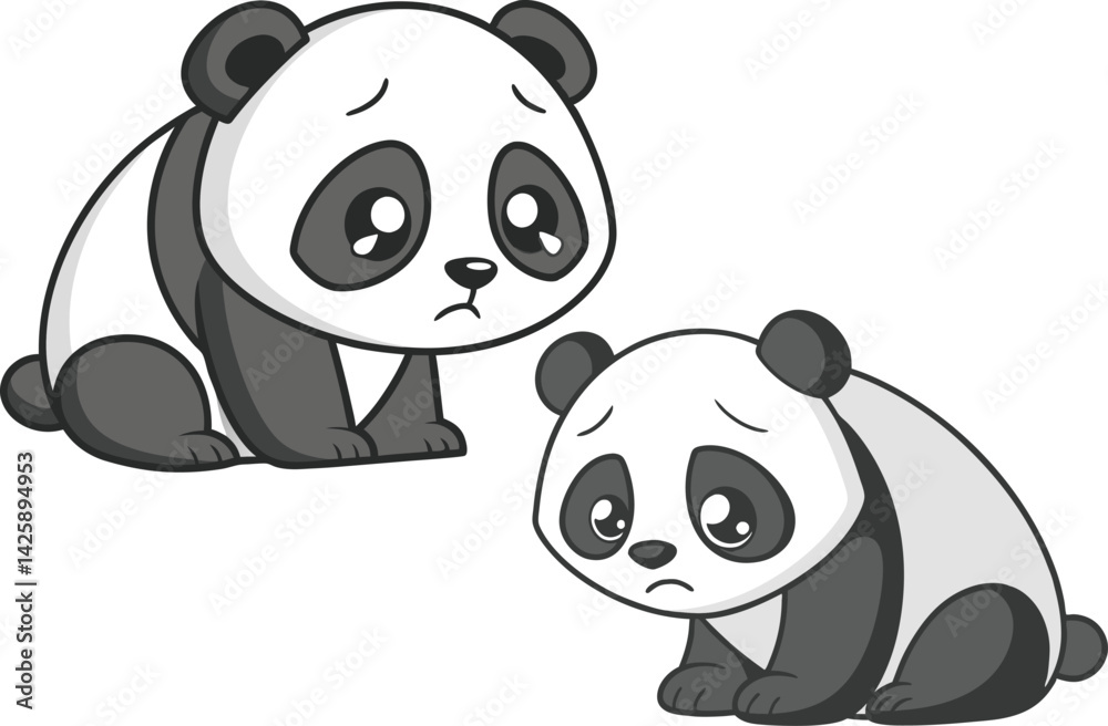 Fototapeta premium Sad Cartoon Pandas Expressive & Emotional Vector Art