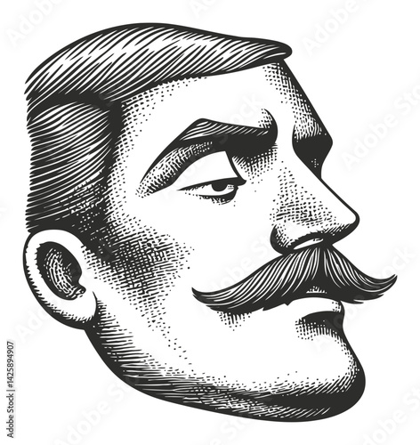 Vintage Hand Drawn Portrait of Man with Mustache and Defined Chin
