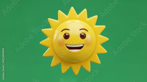 Smiling 3D Sun Emoji on Green Background.  Joyful Summer Sun Illustration, Digital Art, Happy Emoticon.