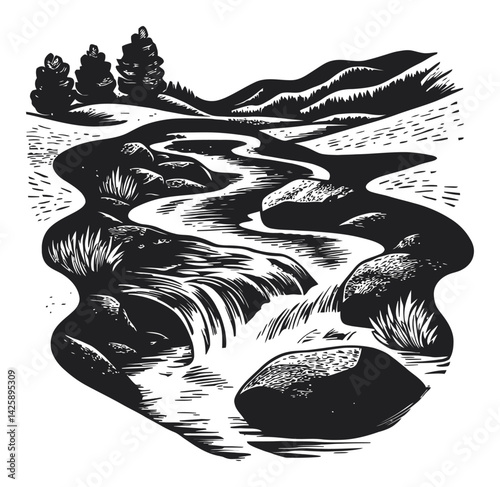 Serene Hand-Drawn Illustration of a Flowing River Landscape