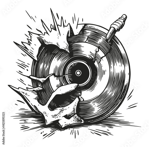 Hand Drawn Illustration of Broken Vinyl Record with Impact Effects