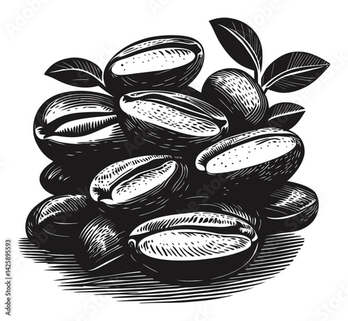 Hand-Drawn Illustration of Coffee Beans with Leaves and Shadows