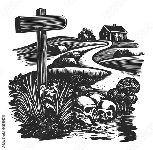 Hand Drawn Illustration of a Scenic Pathway with Skull Elements