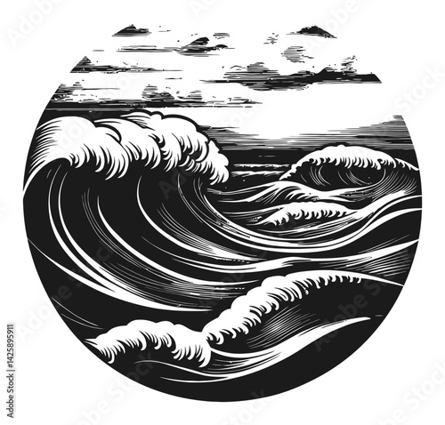 Black and White Hand Drawn Illustration of Ocean Waves and Clouds