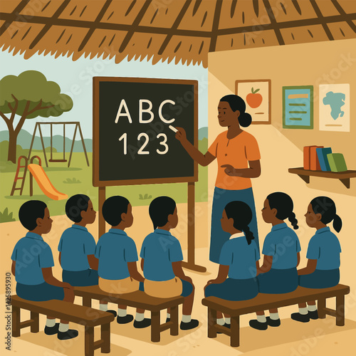 Teacher Writing on Blackboard with Students in an Outdoor Classroom
