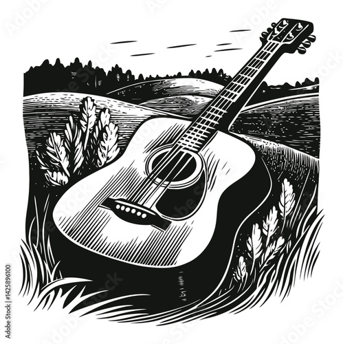 Hand-Drawn Illustration of Acoustic Guitar in Scenic Landscape