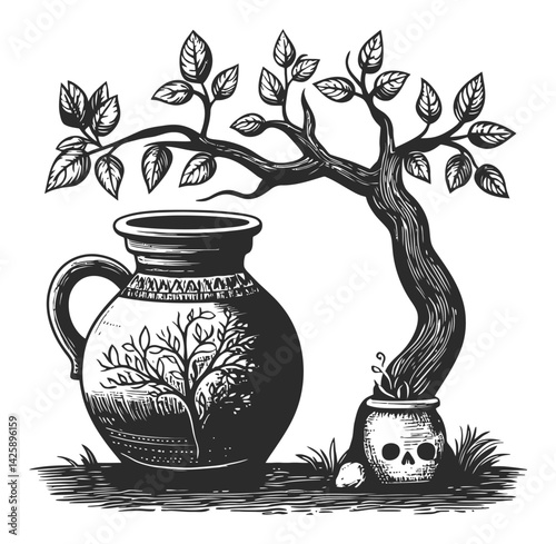 Hand-Drawn Illustration of a Pottery Jug with a Twisted Tree