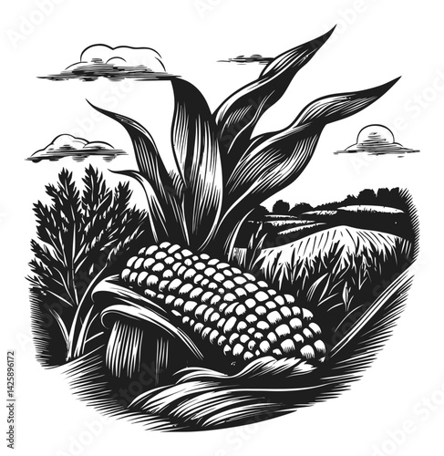 Intricate Hand-Drawn Illustration of Corn and Landscape Scene