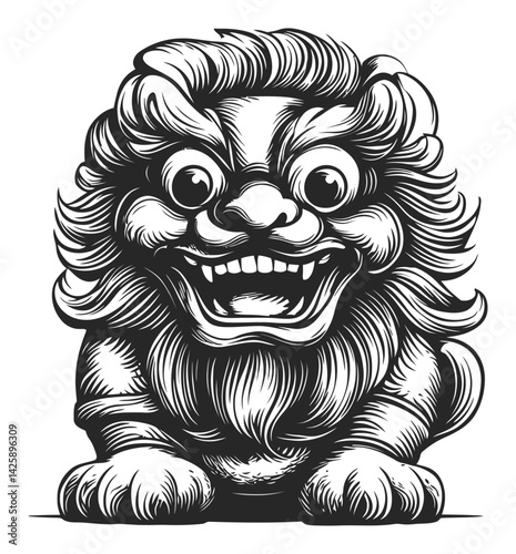 Hand-Drawn Illustration of a Playful Lion Guardian Figure