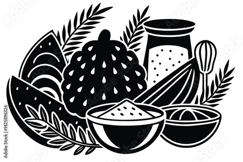 Black and white silhouette of healthy foods like salmon, grains, seeds, spices and greens.