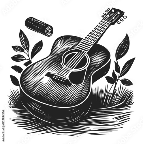 Hand-Drawn Illustration of Acoustic Guitar Surrounded by Nature