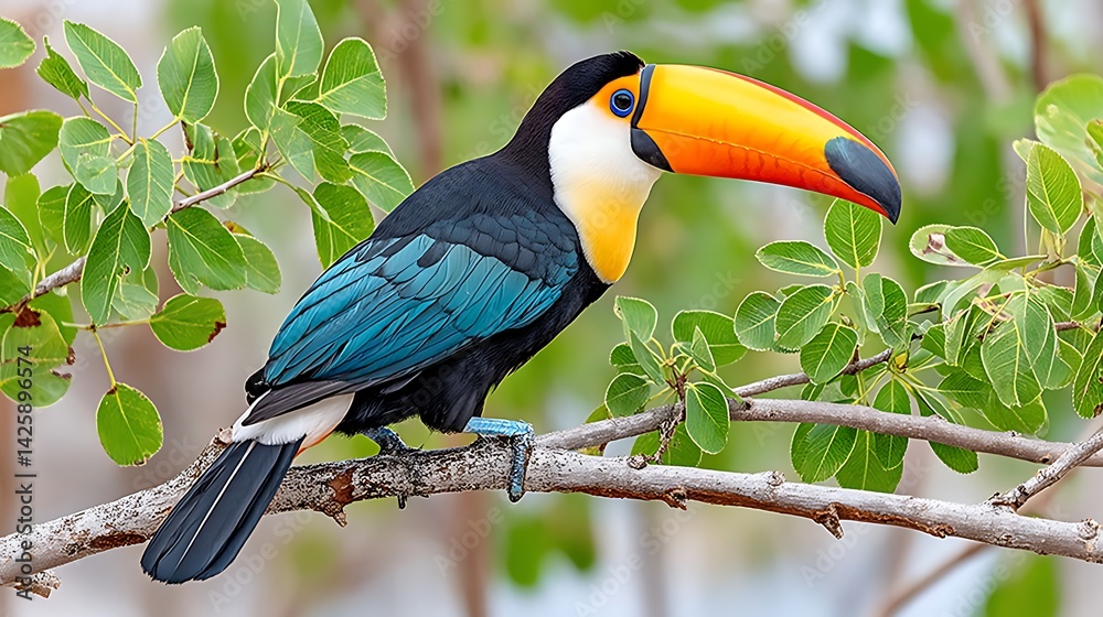 Fototapeta premium Vibrant Toucan Perched in Tropical Habitat with Lush Green Foliage