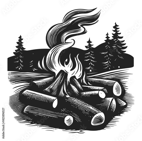 Hand Drawn Campfire Illustration with Logs and Smoke in Nature