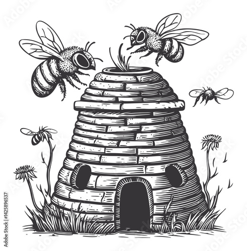 Hand-Drawn Illustration of Bees and Beehive Surrounded by Nature
